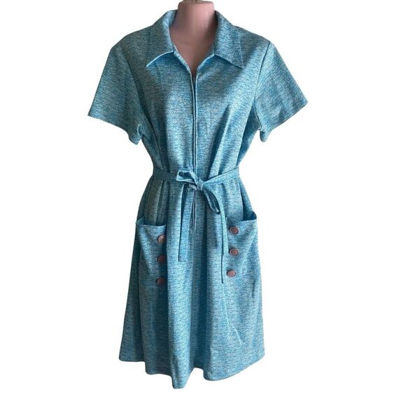 Vintage 1970s Dress Women's Bust 45"  Zip Front Polyester Knit Blue White - Picture 1 of 6